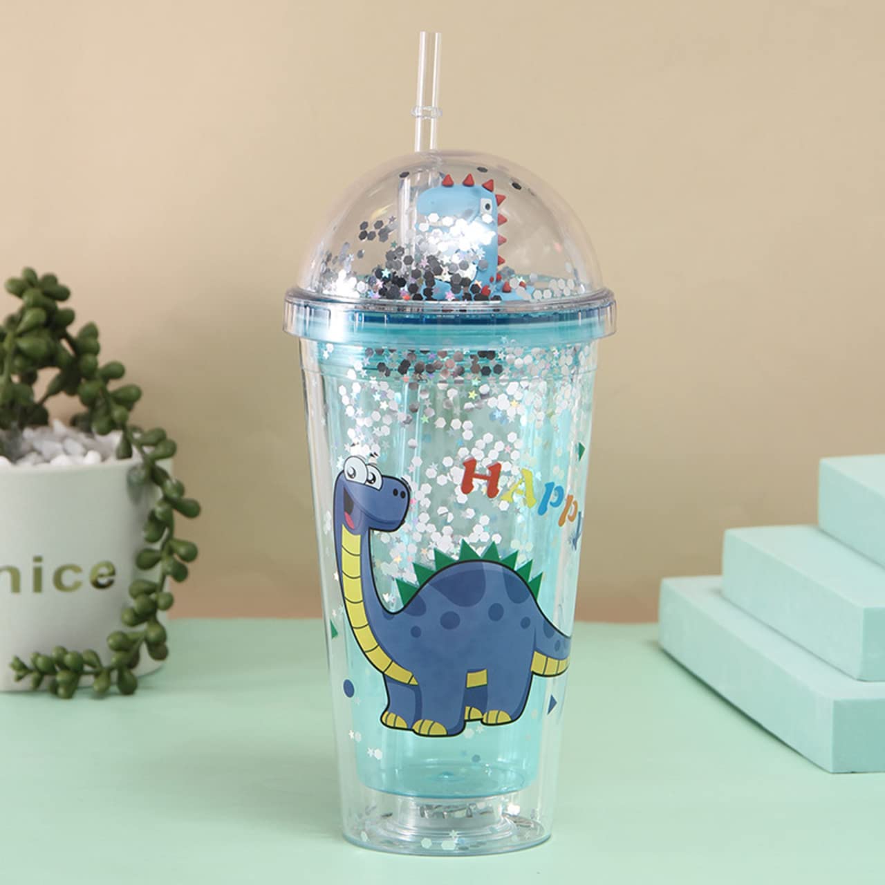ACRYLIC GLITTER PRINTED SIPPER WITH STRAW & LID | TRANSPARENT | 600 ML | MIX COLORS & PRINTS I 1 UNIT