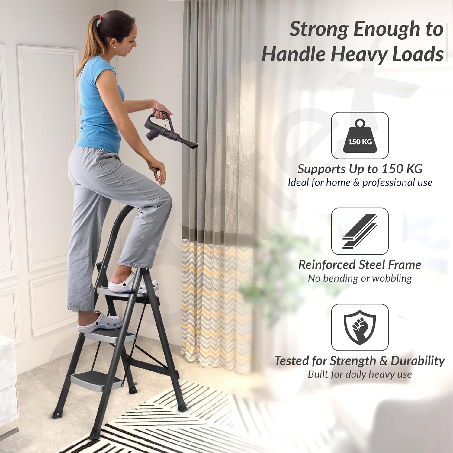 Red 3 Step Ladder for Home Use with Built-in Tool Tray | Heavy Duty D Shape Rods | Ultra Large Platform | Wide Rubber Feet