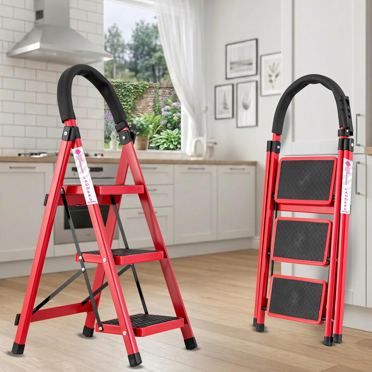 RED 3 STEP LADDER FOR HOME USE WITH BUILT-IN TOOL TRAY | HEAVY DUTY D SHAPE RODS | ULTRA LARGE PLATFORM | WIDE RUBBER FEET