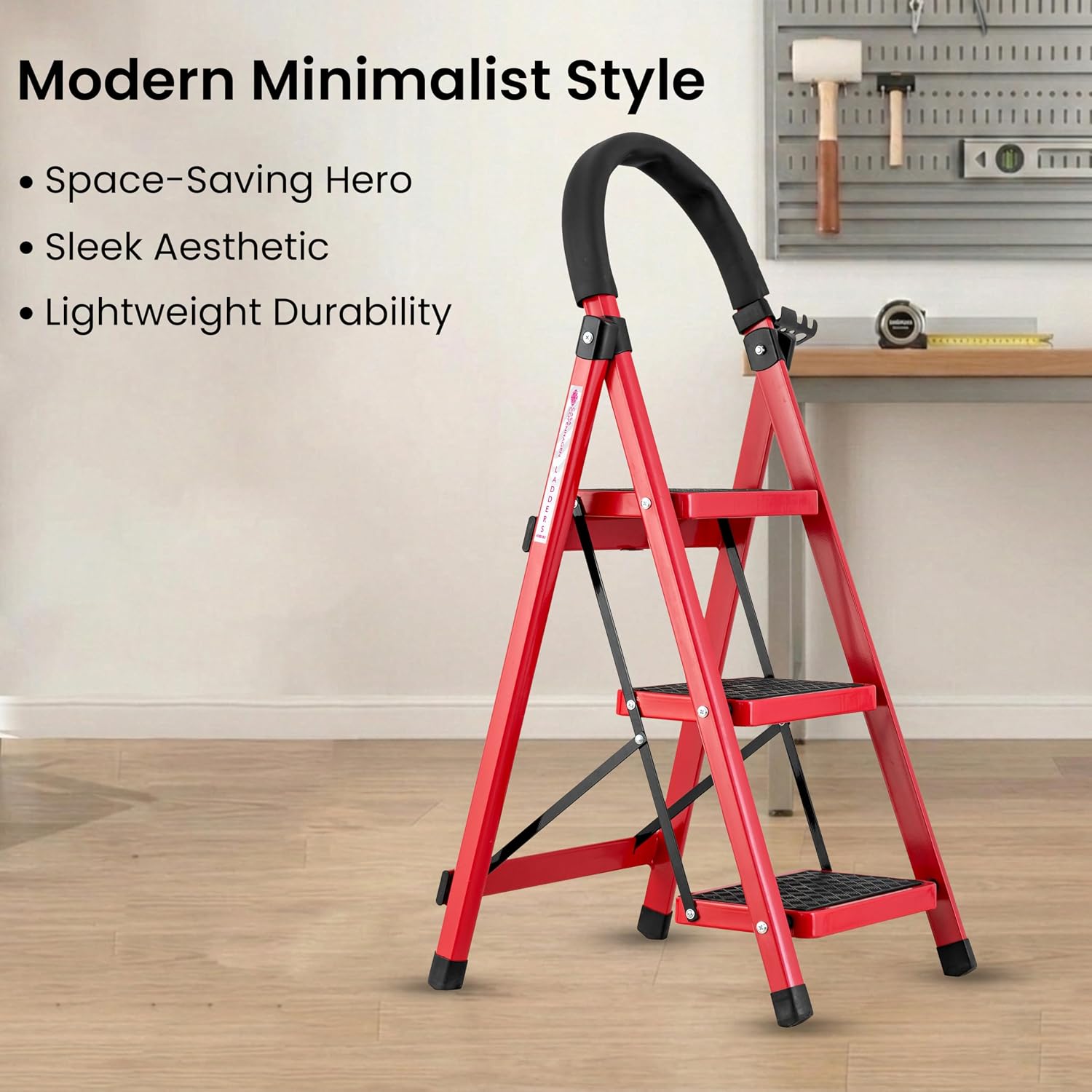 Red 3 Step Ladder for Home Use with Built-in Tool Tray | Heavy Duty D Shape Rods | Ultra Large Platform | Wide Rubber Feet
