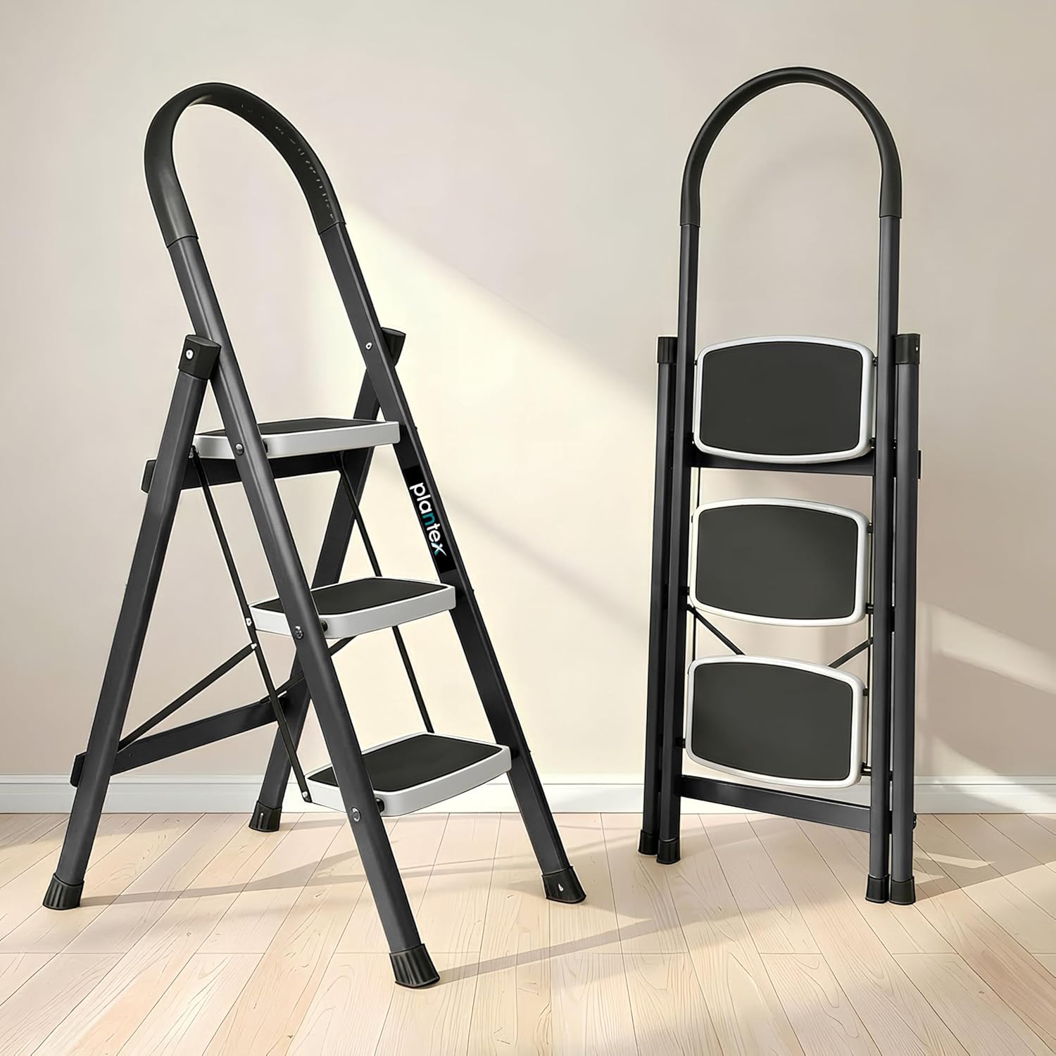 Red 3 Step Ladder for Home Use with Built-in Tool Tray | Heavy Duty D Shape Rods | Ultra Large Platform | Wide Rubber Feet