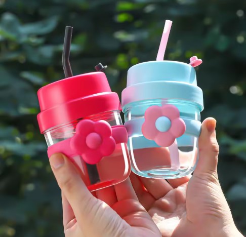 FLOWER SIPPER SILICON CAP STRAW 450ML
