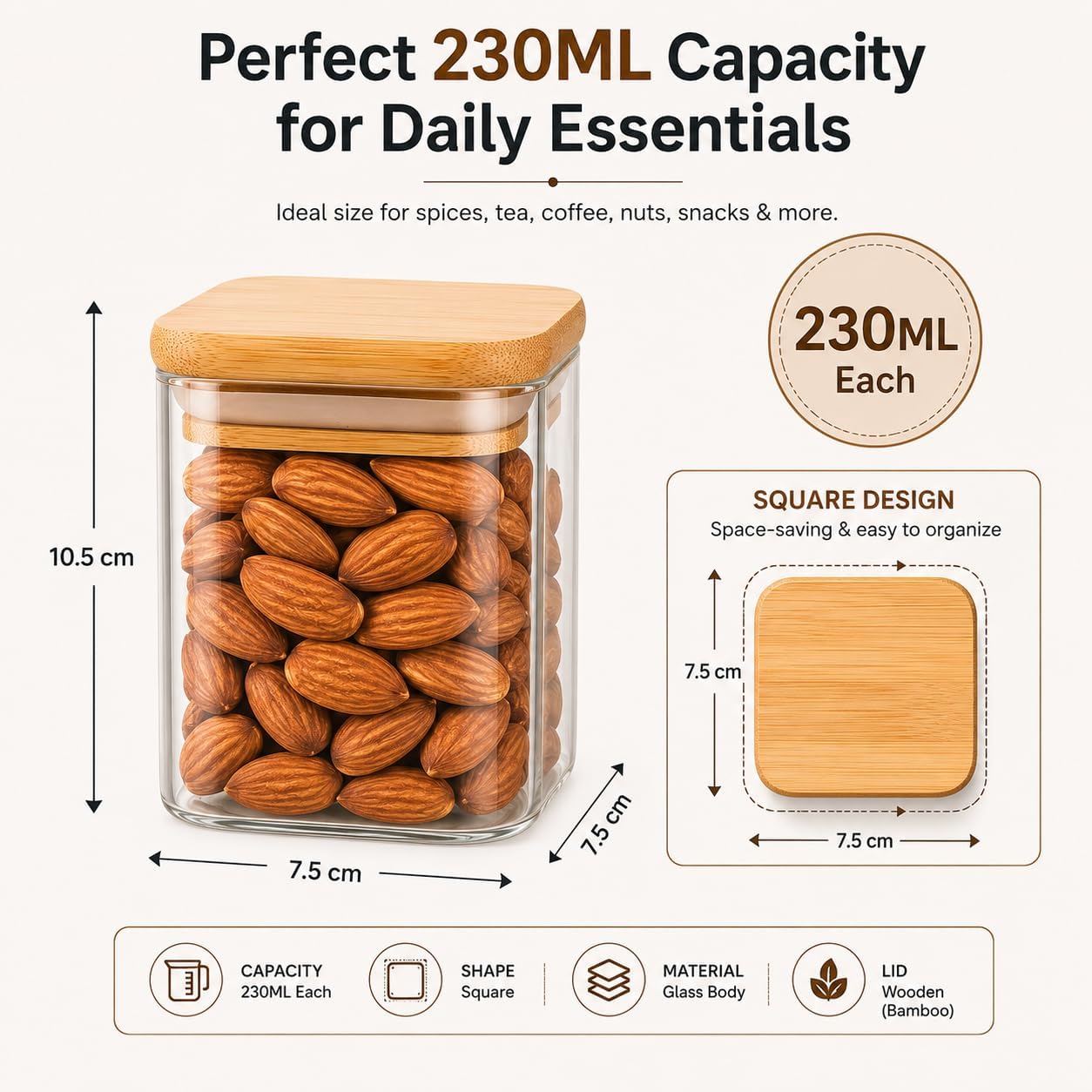 WOODEN LID JAR SQUARE 230ML 1PCS SMG-12