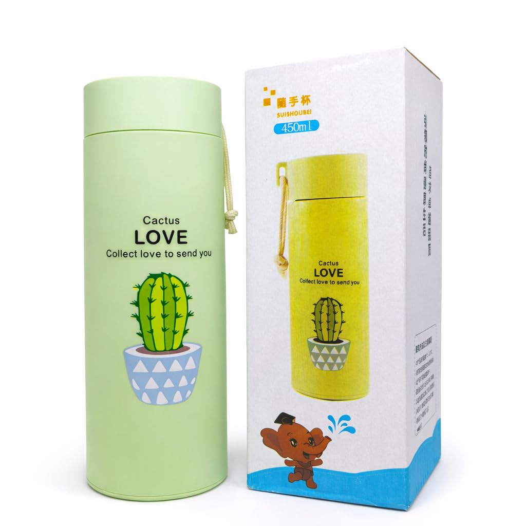 Glass Water Bottle 450ml with Cactus Design