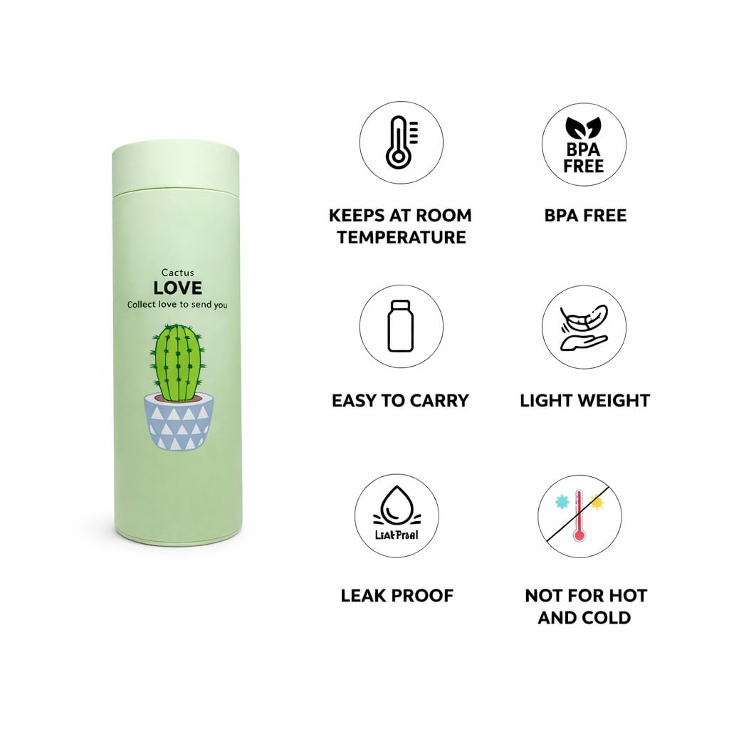 Glass Water Bottle 450ml with Cactus Design