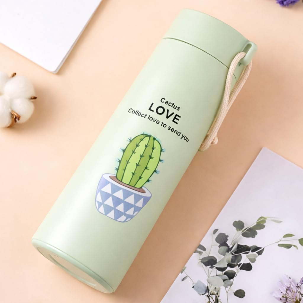 Glass Water Bottle 450ml with Cactus Design
