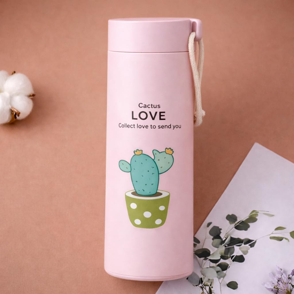 Glass Water Bottle 450ml with Cactus Design