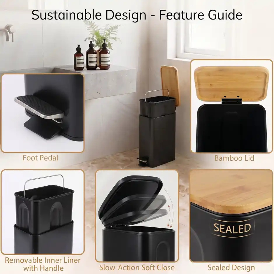 Stainless Steel & Matte Finish Slim Waste Basket with Soft-Step Foot Pedal DDSTSQR-88