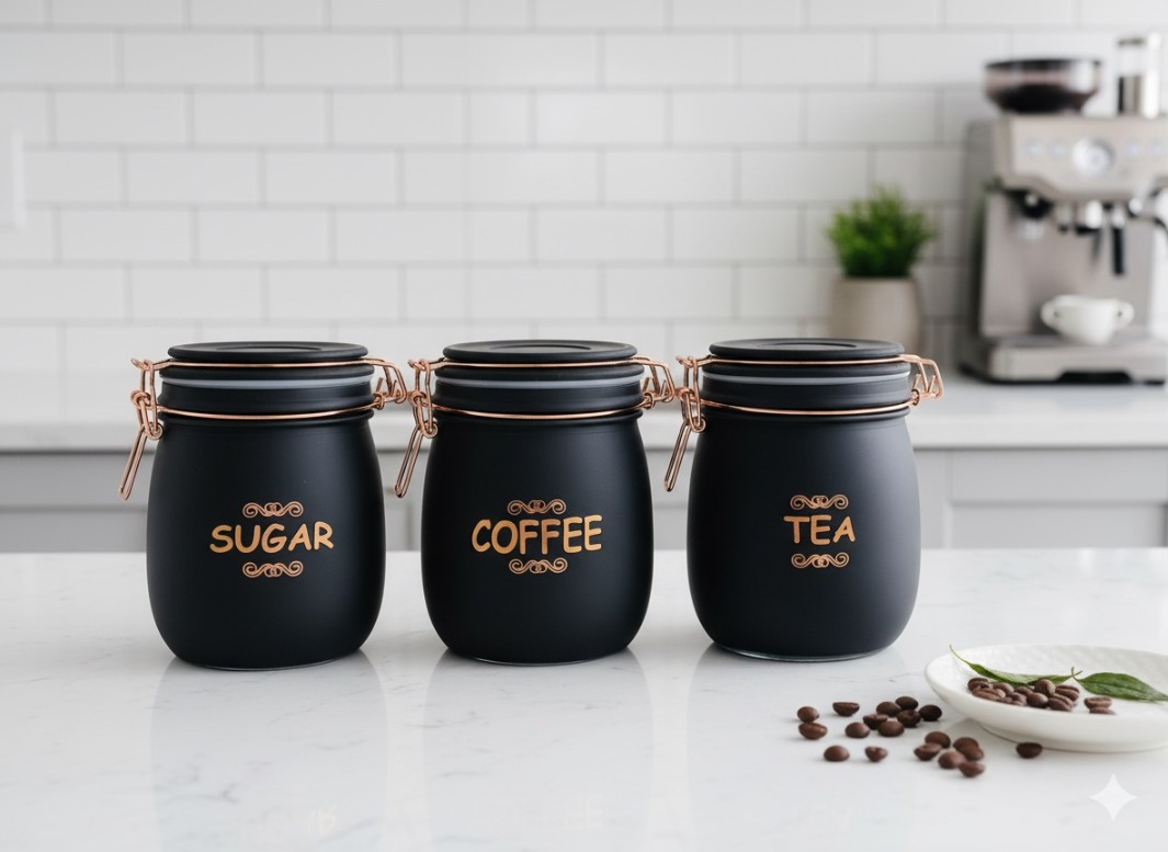 SWING CAP ROUND BLACK COLOUR 860ML 3 PCS SET BOX PACK