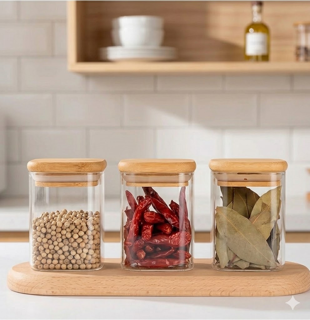 WOODEN LID JAR SQUARE 230ML 3PCS SET