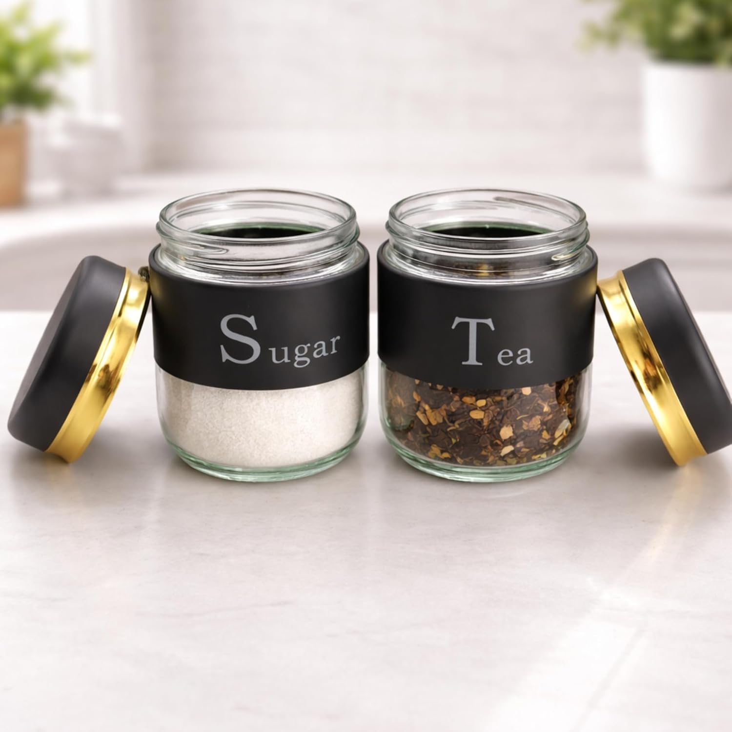 TEA SUGAR BLACK CANISTER JAR 350ML 2PCS SET