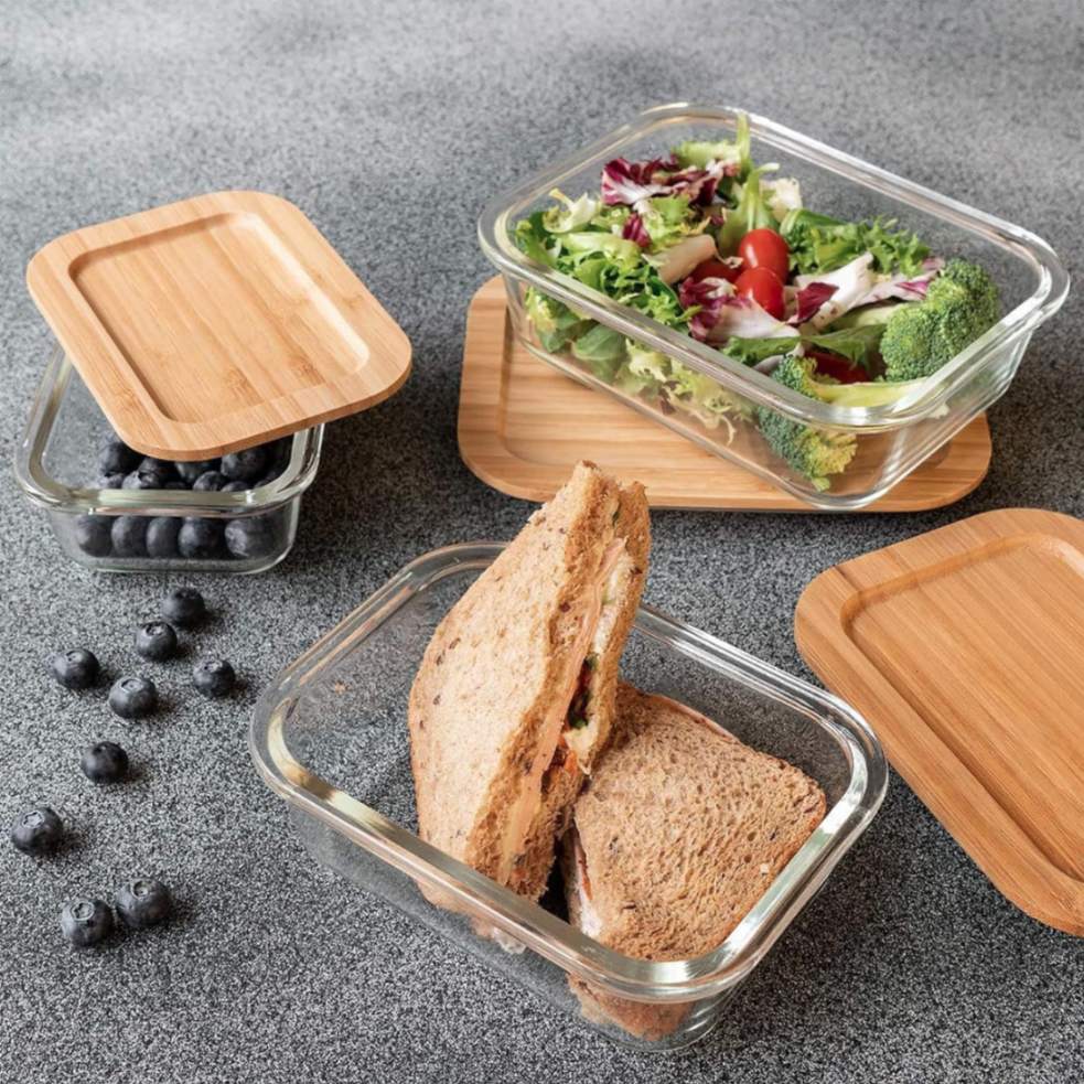 GLASS CONTAINER WITH WOODEN LID 3PCS LUNCH BOX