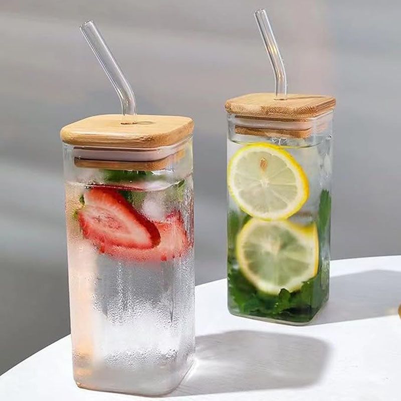 SQUARE MASON WOODEN LID & STRAW 350 ML