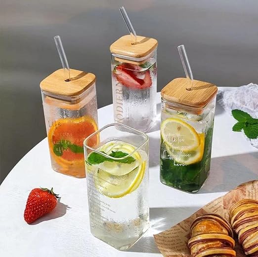 SQUARE MASON WOODEN LID & STRAW 350 ML