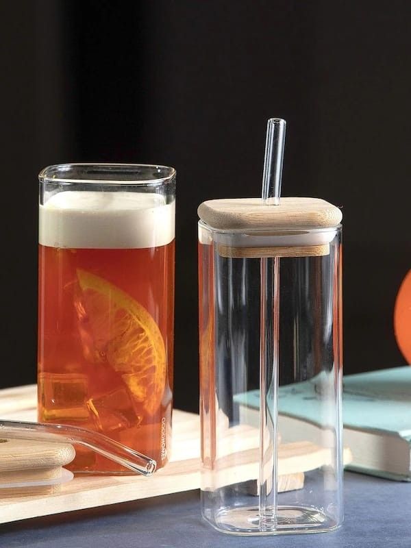SQUARE MASON WOODEN LID & STRAW 410ML  22055 | APB410-L1